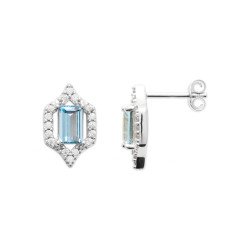 Boucles d'Oreilles Hexagonales Argent Rhodié et Pierres Bleues