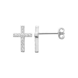 Boucles d'oreilles Puces Croix Argent Rhodié Oxydes de Zirconium