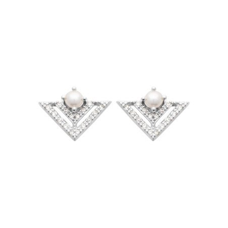 Puces d'Oreilles Triangle Perle et Zirconia Argent Rhodié