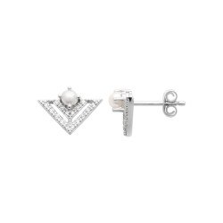 Puces d'Oreilles Triangle Perle et Zirconia Argent Rhodié