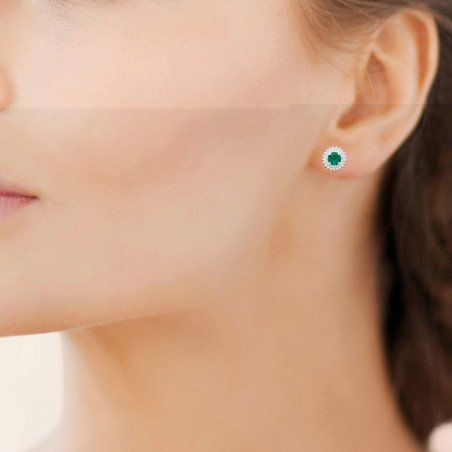 Boucles d'Oreilles Puces Argent Rhodié Halo Vert - Kara Bijoux