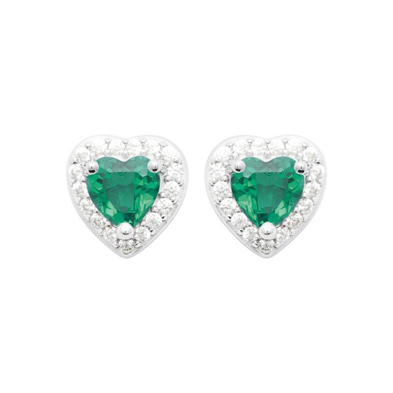 Boucles d'Oreilles Puces Cœur Vert Argent Rhodié | Kara Bijoux