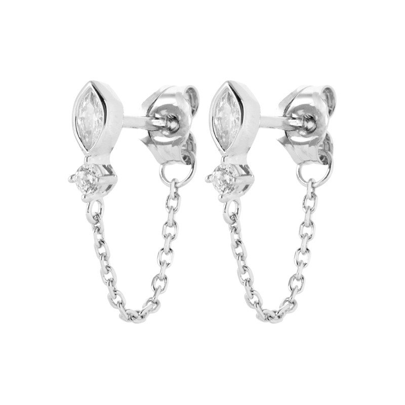Boucles d'Oreilles Puces Chaîne Argent Rhodié & Zirconium