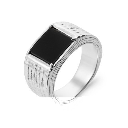 BAGUE ARGENT 925 RHODIE AGATE NOIRE