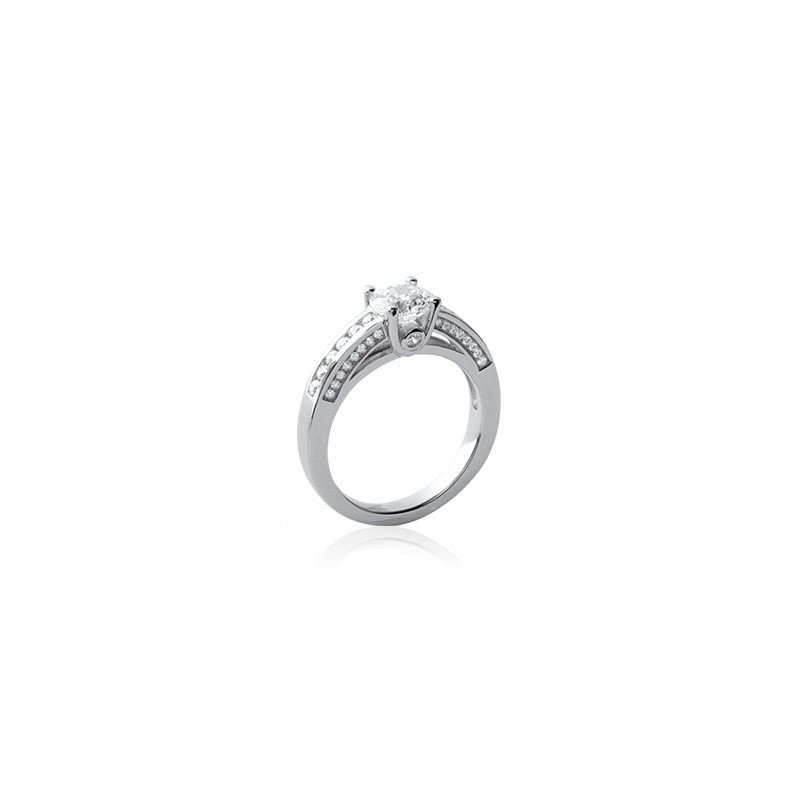 Bague Solitaire Argent Rhodié Zirconium et Pavage Scintillant