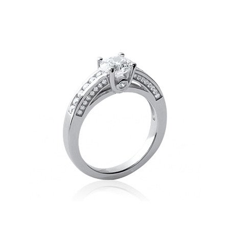 Bague Solitaire Argent Rhodié Zirconium et Pavage Scintillant
