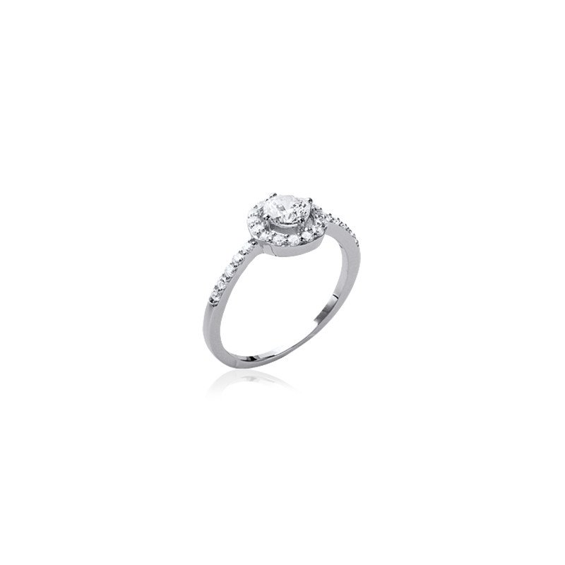 Bague Argent Rhodié Oxyde de Zirconium Halo Scintillant