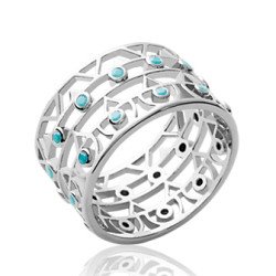 Bague Argent Rhodié Large Motif Géométrique Détails Turquoises