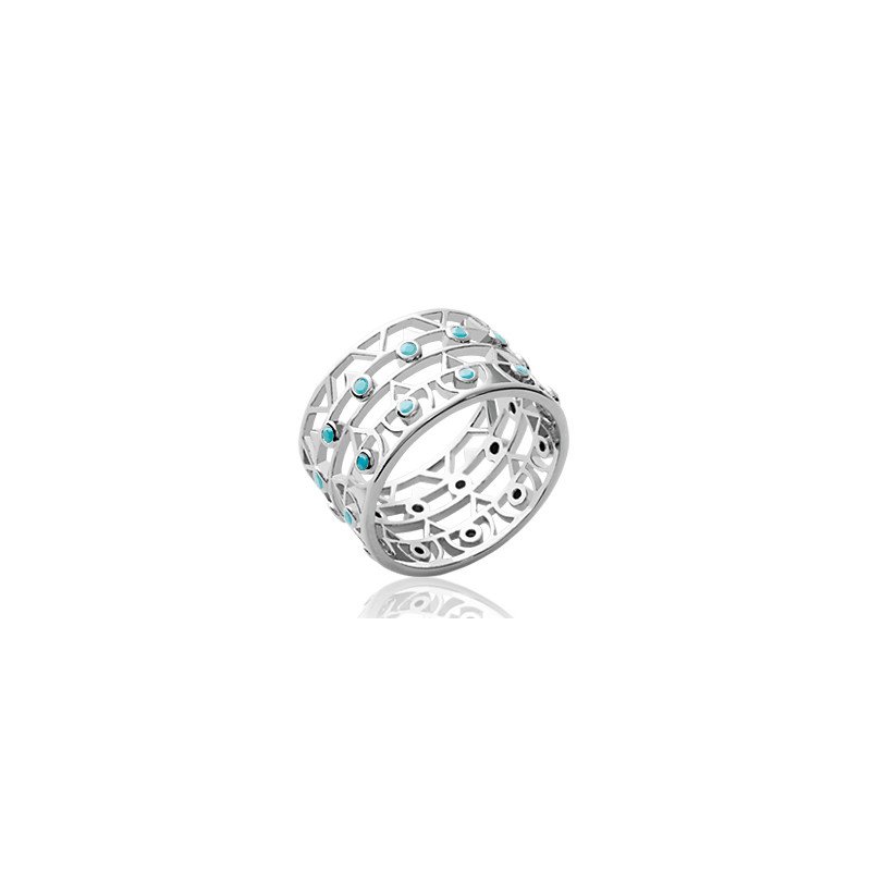 Bague Argent Rhodié Large Motif Géométrique Détails Turquoises