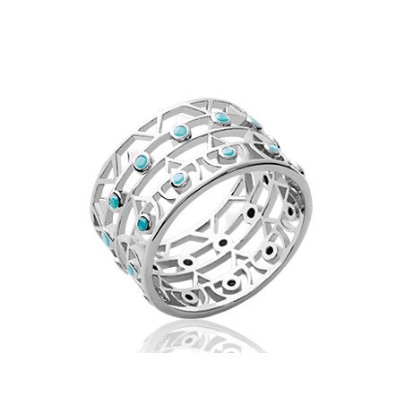 Bague Argent Rhodié Large Motif Géométrique Détails Turquoises