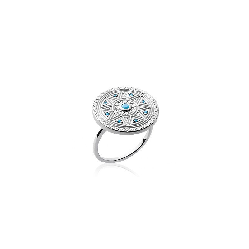 Bague Argent Rhodié Disque Solaire | Pierres Bleues