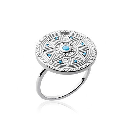 Bague Argent Rhodié Disque Solaire | Pierres Bleues