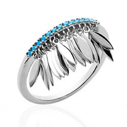 Bague Argent Rhodié Pendants Feuilles et Pierres Bleues
