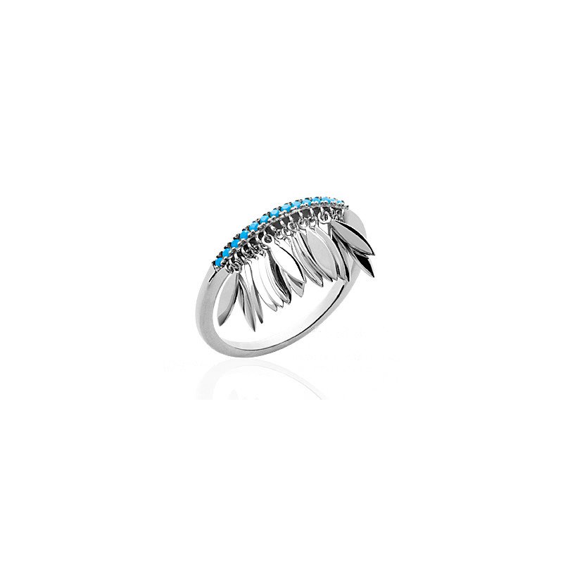 Bague Argent Rhodié Pendants Feuilles et Pierres Bleues