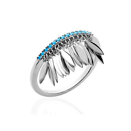 Bague Argent Rhodié Pendants Feuilles et Pierres Bleues