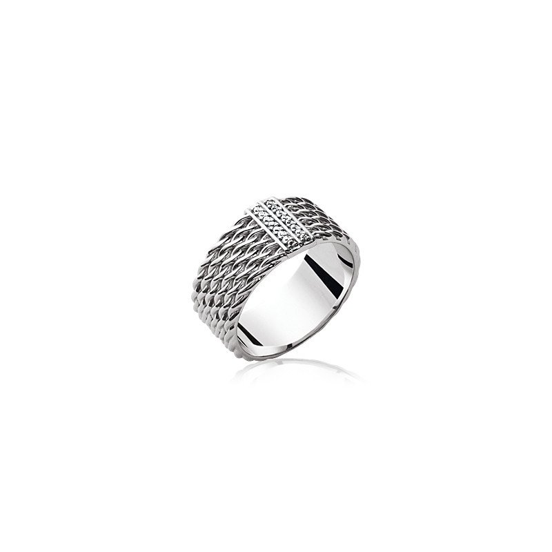 Bague Large Tressée Argent Rhodié et Oxydes de Zirconium