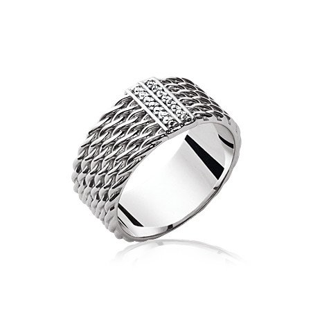 Bague Large Tressée Argent Rhodié et Oxydes de Zirconium