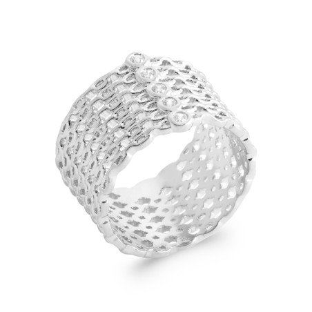 Bague Large Maille Argent Rhodié | Oxydes de Zirconium