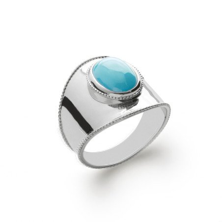 Bague Manchette Argent Rhodié Cabochon Bleu Ovale | Kara Bijoux