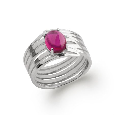 Bague Argent Rhodié Multirangs & Pierre Ovale Fuchsia