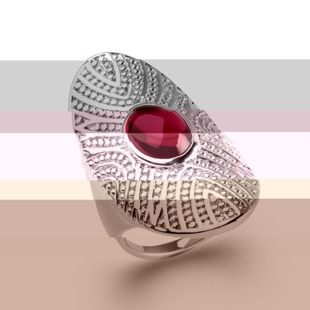 Bague Ovale Argent Rhodié & Cabochon Rouge - Kara Bijoux