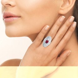 Bague Ovale Argent Rhodié & Cabochon Rouge - Kara Bijoux