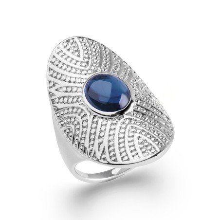 Bague Ovale Argent Rhodié Ornemental & Pierre Bleue - Kara Bijoux