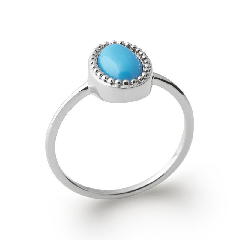Bague Argent Rhodié Ovale Bleue avec Contour Perlé | Kara Bijoux