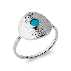 Bague Argent Rhodié Disque Martelé Cabochon Bleu - Kara Bijoux