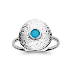 Bague Argent Rhodié Disque Martelé Cabochon Bleu - Kara Bijoux
