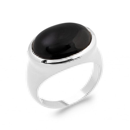 Bague Ovale Agate Noire | Argent Rhodié 925 | Kara Bijoux