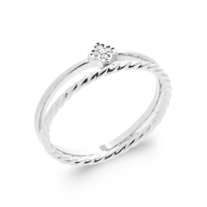 Bague Double Anneau Trèfle Zircons Argent Rhodié