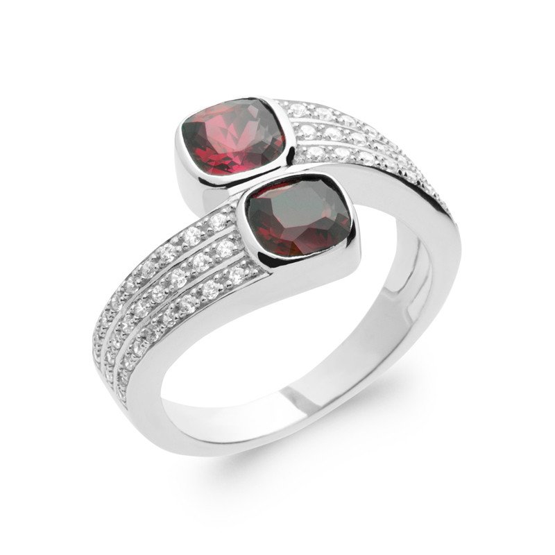 Bague Argent Rhodié Bypass Pierres Rouges | Kara Bijoux