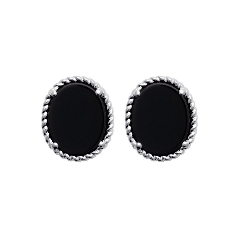 Boucles d'Oreilles Puces Agate Noire & Argent Rhodié | Kara Bijoux