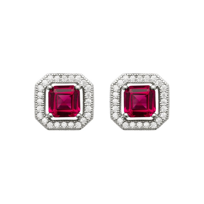 Boucles d'Oreilles Carré Rubis Synthétique Argent Rhodié | Kara Bijoux