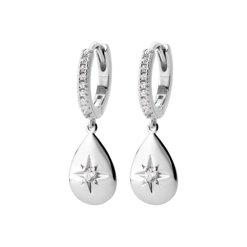 Boucles d'Oreilles Créoles Goutte Étoile Argent Rhodié
