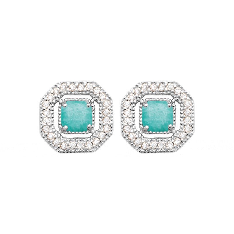 Boucles d'Oreilles Octogonales Argent Rhodié Pierre Verte