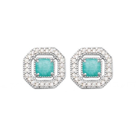 Boucles d'Oreilles Octogonales Argent Rhodié Pierre Verte