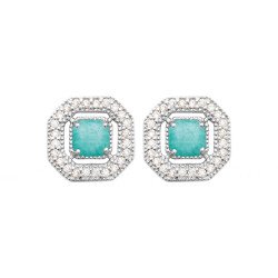 Boucles d'Oreilles Octogonales Argent Rhodié Pierre Verte