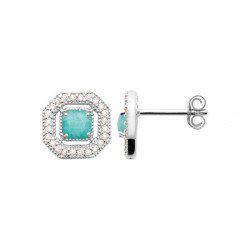 Boucles d'Oreilles Octogonales Argent Rhodié Pierre Verte