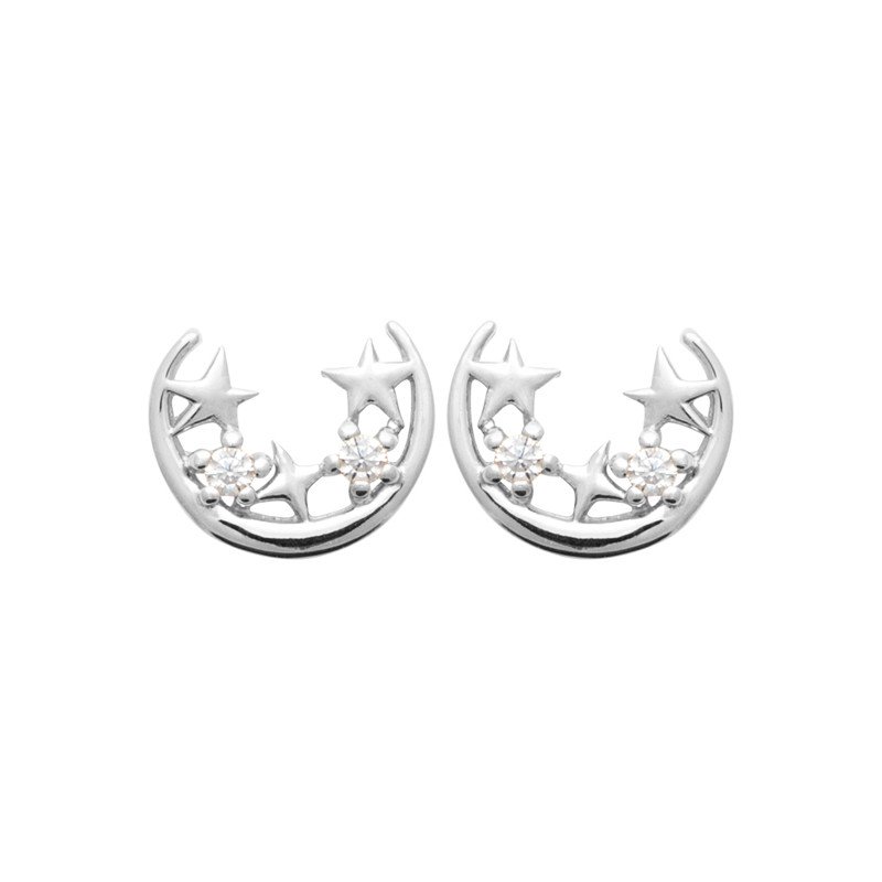 Boucles d'Oreilles Puces Lune Étoiles Argent Rhodié | Kara Bijoux