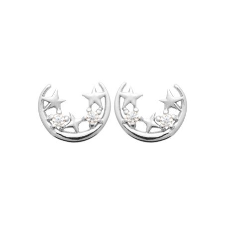Boucles d'Oreilles Puces Lune Étoiles Argent Rhodié | Kara Bijoux
