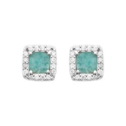 Boucles d'Oreilles Clous Carrées Argent Rhodié Pierre Verte