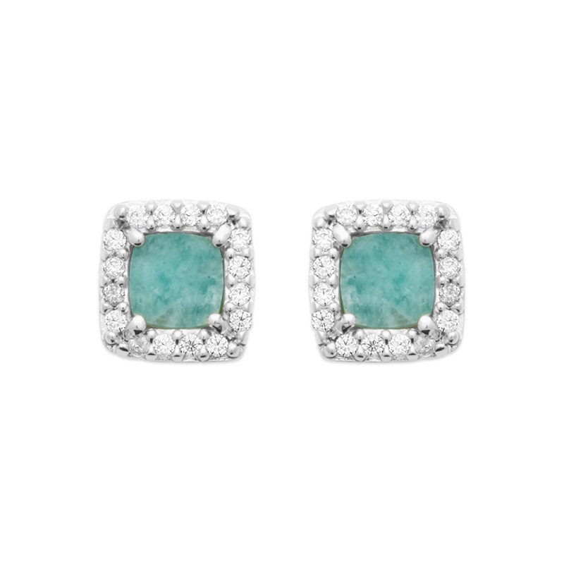 Boucles d'Oreilles Clous Carrées Argent Rhodié Pierre Verte