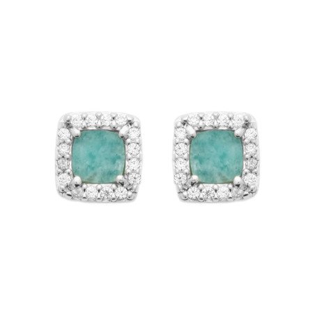 Boucles d'Oreilles Clous Carrées Argent Rhodié Pierre Verte
