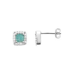 Boucles d'Oreilles Clous Carrées Argent Rhodié Pierre Verte