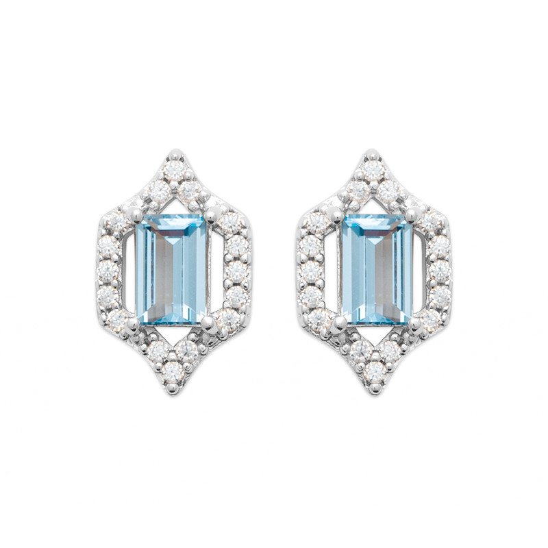 Boucles d'Oreilles Hexagonales Argent Rhodié et Pierres Bleues