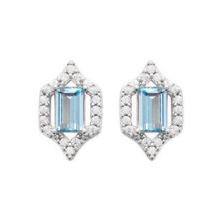 Boucles d'Oreilles Hexagonales Argent Rhodié et Pierres Bleues